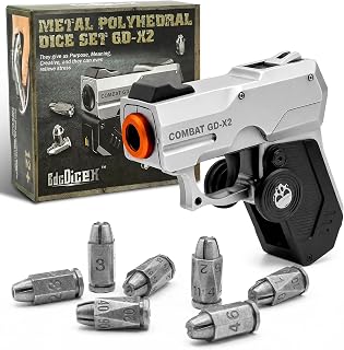 7 Piece Metal Polyhedral Bullet Dice Set with Shooting & Fidget Modes, Pistol Shaped Case & Bullet Dice for Cyberpunk Style Tabletop RPG Dice, Fidget Toy for Stress Relief (Silver)