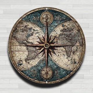Antique World Map Jigsaw Puzzle Compass Rose Vintage Rustic Aluminum Metal Round Wall Sign No Real Clock 8" Indoor Outdoor Gift Decoration for Home, Office, Cafe, Garden