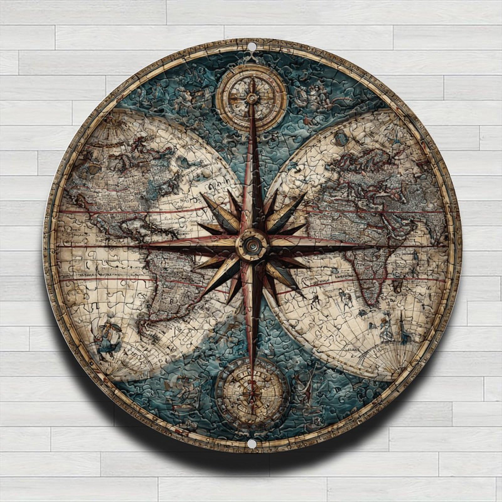 Antique World Map Jigsaw Puzzle Compass Rose Vintage Rustic Aluminum Metal Round