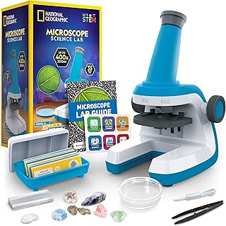 National Geographic Microscope for Kids with Up to 400x Magnification | Prepared and Blank Slides, Rock and Mineral Specimens, Easy-to-Use Science Kit, STEM Project Toy, Ages 6+