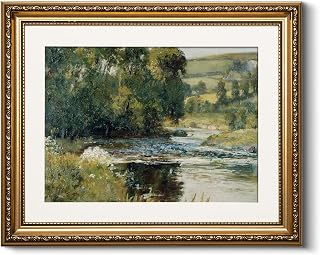 HUARCEY Vintage Gold Framed Wall Art, Nature Streamside Retro Paintings, Canvas Prints Artwork with Antique Frame, Victorian Wall Pictures Decor for Living Room Gallery Room 13x16 inch