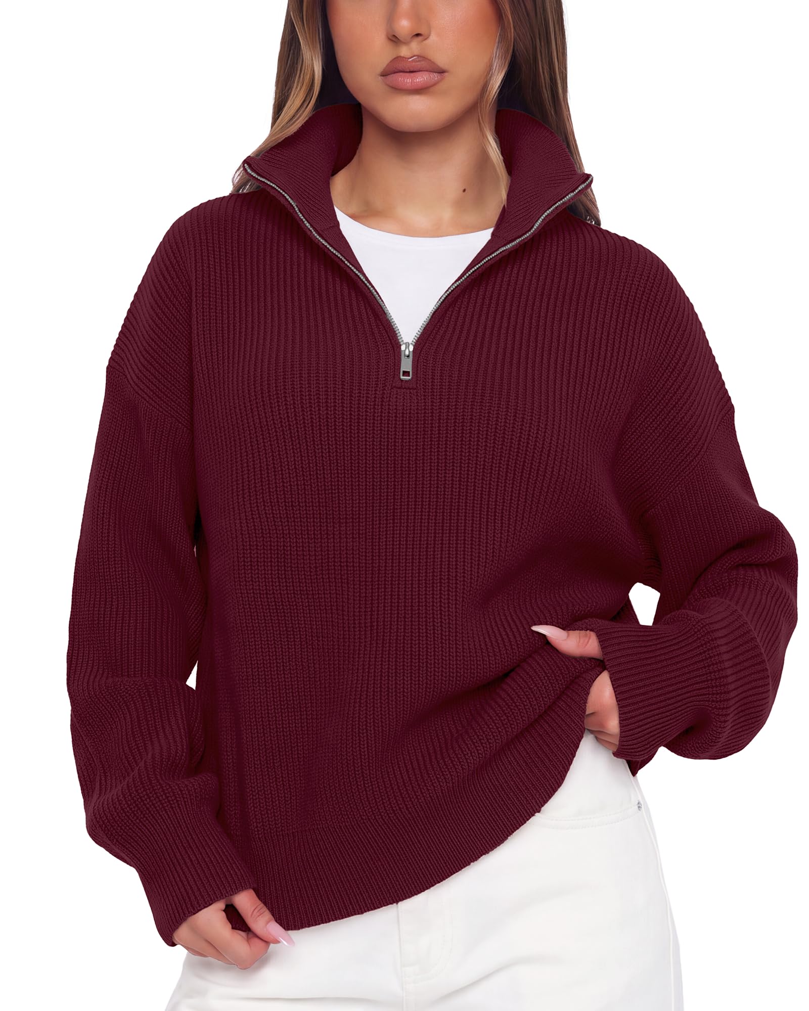 SUUKSESS Women Cashmere Blend Oversized Quarter Zip Pullover Sweater