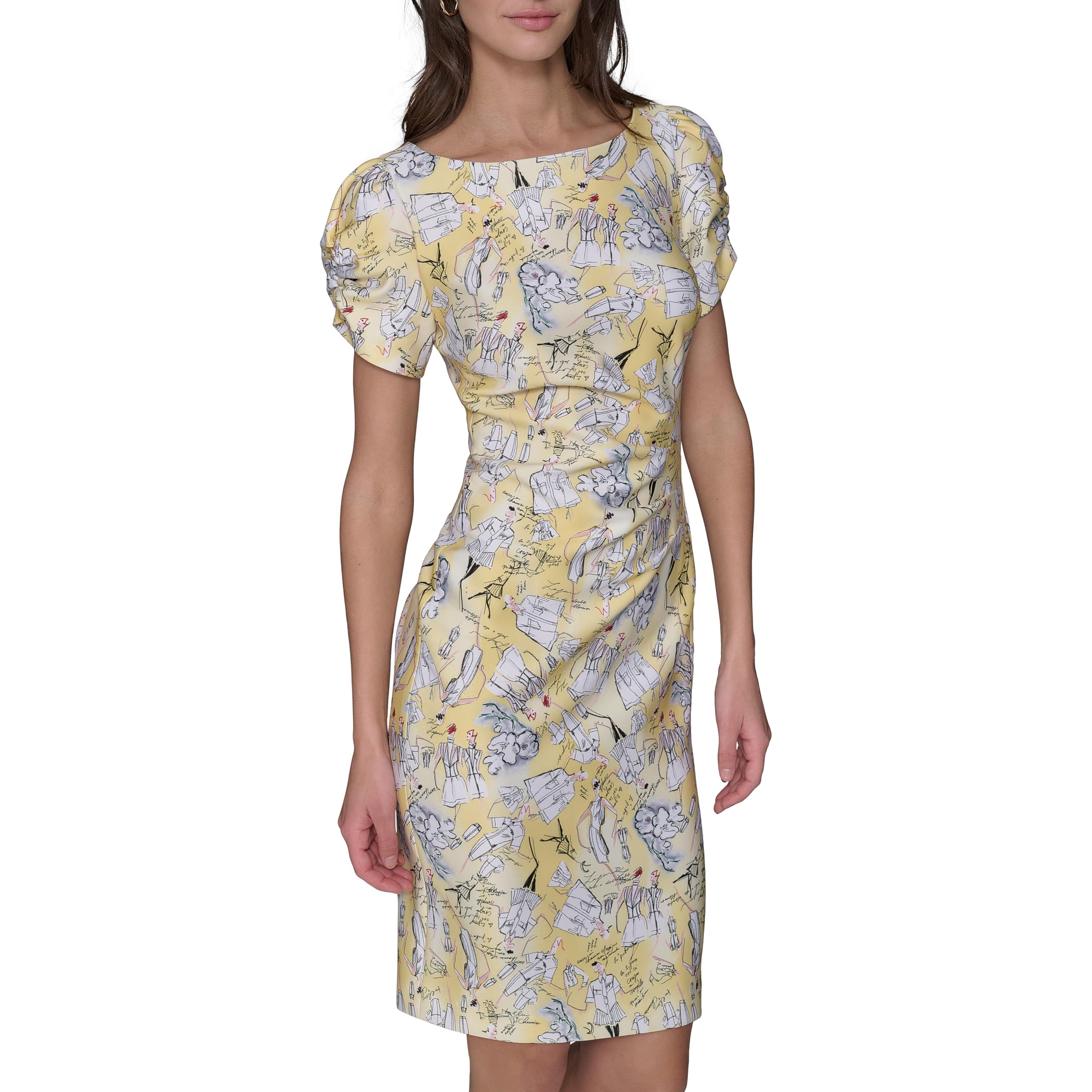 Karl Lagerfeld Paris Women's Short Ruched Sleeve Jewel Neck Sheath Mini Dress Ca