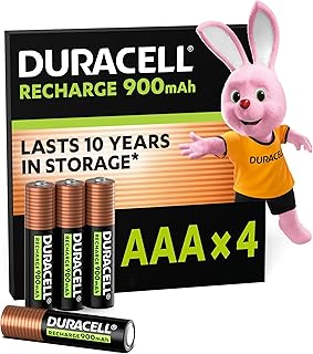 Duracell Rechargeable AAA Batteries (Pack of 4), 900 mAh NiMH, pre-Charged, Our No. 1 Longest Lasting Rechargable Battery with a 0% Plastic 100% Recyclable Packaging