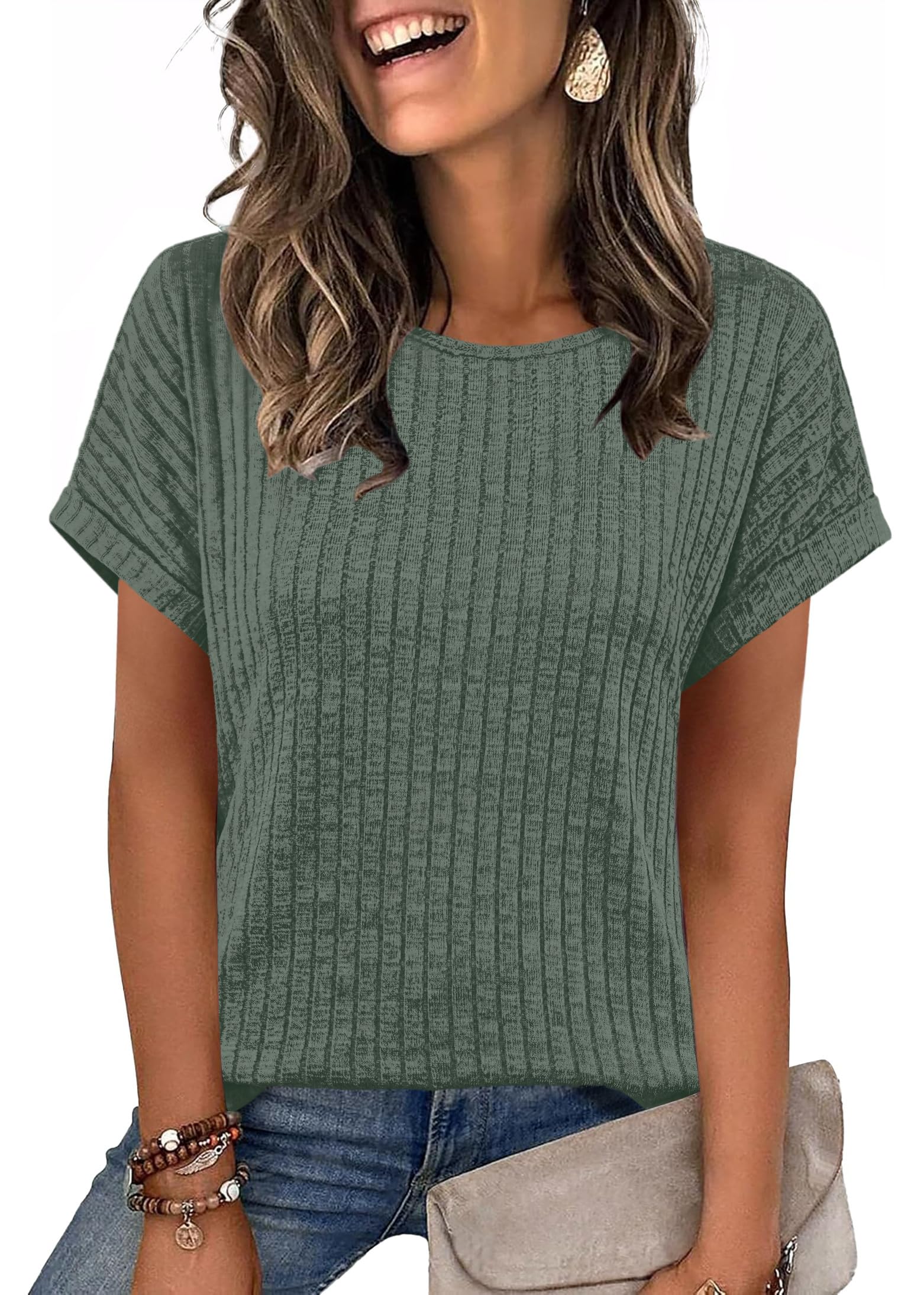 WIHOLL Women Lightweight Textured Shirts Casual Short Sleeve Tunic Tops Loose Fi