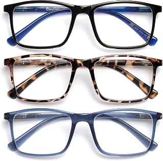 OPULIZE INK Reading Glasses for Women Men, Large Rectangular Frame with Spring Hinges & Scratch Resistant, Black Brown Tortoiseshell Blue, +1.5(Pack of 3)