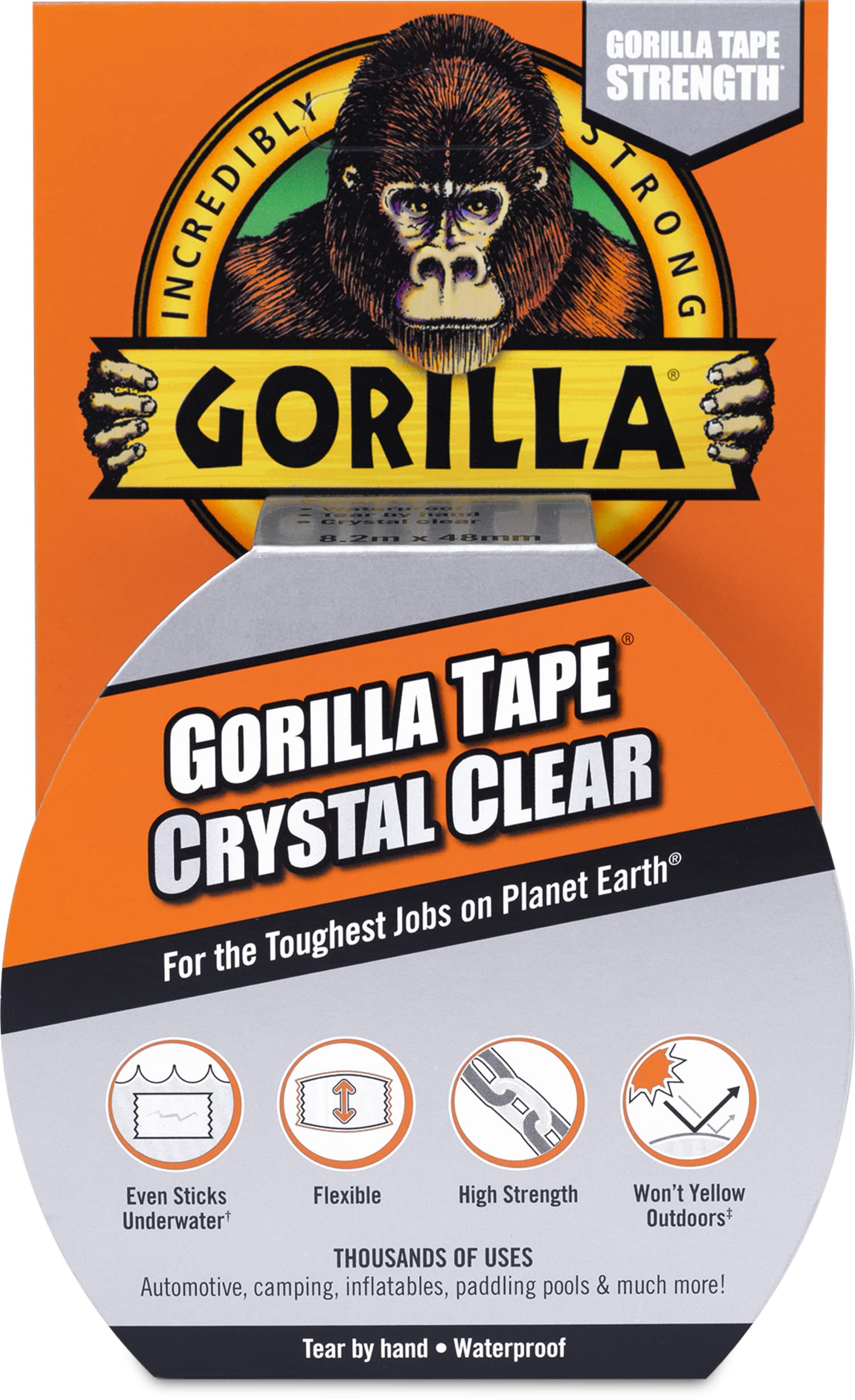 GORILLA Tape Crystal Clear 8.2m - Clear Duct Tape Hand-Tearable, Waterproof