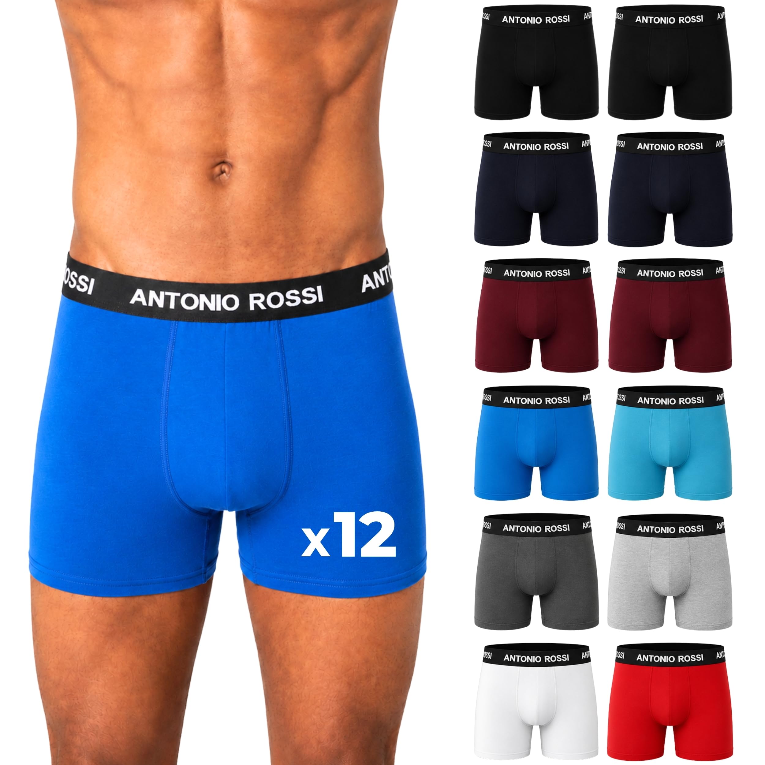 Antonio Rossi Pack of 12 Men's Cotton Boxer Shorts Soft and Breathable