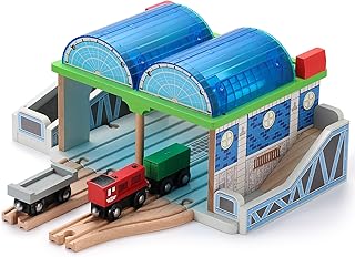 SainSmart Jr. Wooden Train Track Accessories - Premium Train Station with Double-Track Tracks and Conveyor Belt Fit for All Major Brands, Ideal Gift for Aged 3+