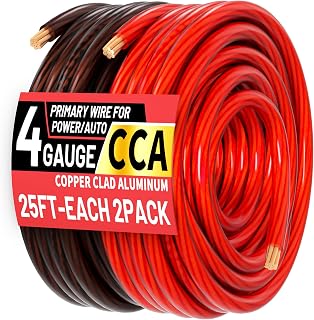 Energeaster 4 Gauge Wire 25FT Black + 25FT Red Automotive Primary Wire | Copper Clad Aluminum, Primary Automotive Power/Ground Cable, for Audio Speaker, RV, Amp, Generator, Solar, Translucent Jacket