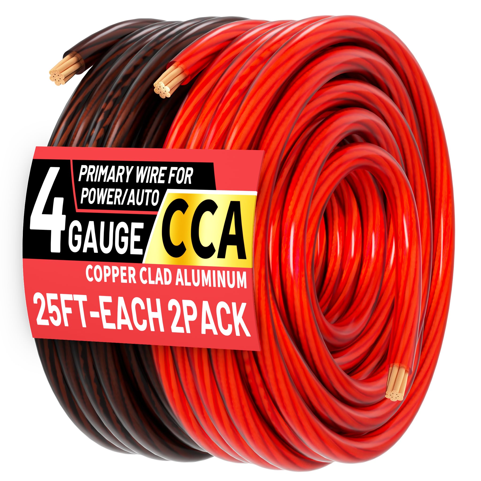 Energeaster 4 Gauge Wire 25FT Black + 25FT Red Automotive Primary Wire | Copper 