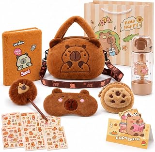 CLYAIDET Capybara Gift Set with Plush Notebook, Bag, Water Bottle for Women | Cute stationery and everyday accessories with an eye mask, coin purse, stickers and greeting card for birthdays or Christmas