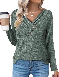 Zeagoo Women's Long Sleeve Sweater V-Neck Buttons T-Shirt Autumn Winter Pullover Solid Color T-Shirt Tops S-XXL