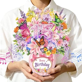 15th Birthday Card with Music & Lights,Pop Up Happy Birthday Card,Orchid Lilies Rose Butterflies Greeting Card，Elegant Floral with Envelope for Girls,Daughter,Boys,Son, Friends,Sister