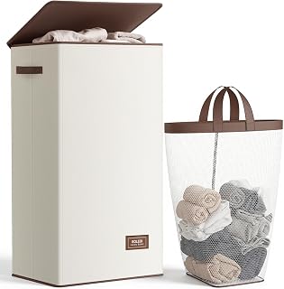 SOLEDI 100L Large Laundry Hamper with Lid Collapsible Laundry Basket, Clothes Hamper with Removable Bag Easy to Carry, Storage Bins for Bedroom, Bathroom, Dorm, College, Light Beige