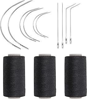Ryalan Weaving Needle Combo Deal Black Thread with 10pcs Needle for Making Wig Sewing Hair Weft Hair Weave Extension, Big Medium and Small C J Shape Curved Needle I Needle (3 Thread Black + 10 Needle)