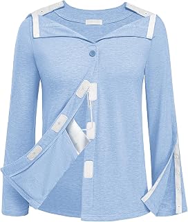 Deyeek Mastectomy Shirts with Drain Pockets Tear Off Side Snap Post Shoulder Surgery Shirt Chemo Dialysis Shirt for Women
