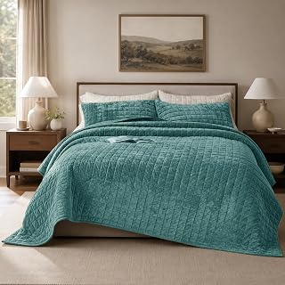 Quilt Set King Size 98x106 Luxurious Velvet Bedding Sets with 2 Pillow Shams 20x36 3 Pieces Ultra Soft Quilted Bedspread Coverlet Comforter for All Season,Aqua Green