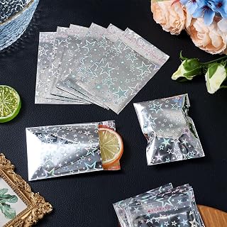 100pcs Star Cellophane Bags 9x7cm Self Seal Bags with Stars Decorative Rectangle Plastic Pouch DIY Jewelry Beads Charms Storage Packaging Wrapping Christmas Halloween Party Supplies Silver Color