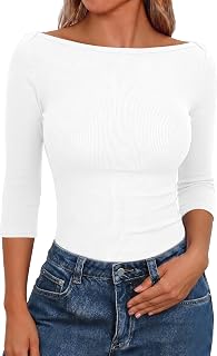 Aottori T Shirts Women UK 3/4 Sleeve Summer Tops Boat Neck Ribbed Tee Shirt Ladies Stretch Fitted Basic Tunic Top Casual Solid