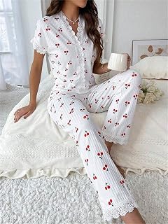 Womens Lounge Set 2026 Summer Lightweight Ribbed Lace Hem Pajamas Set with Buttons and Long Pants 2 Piece