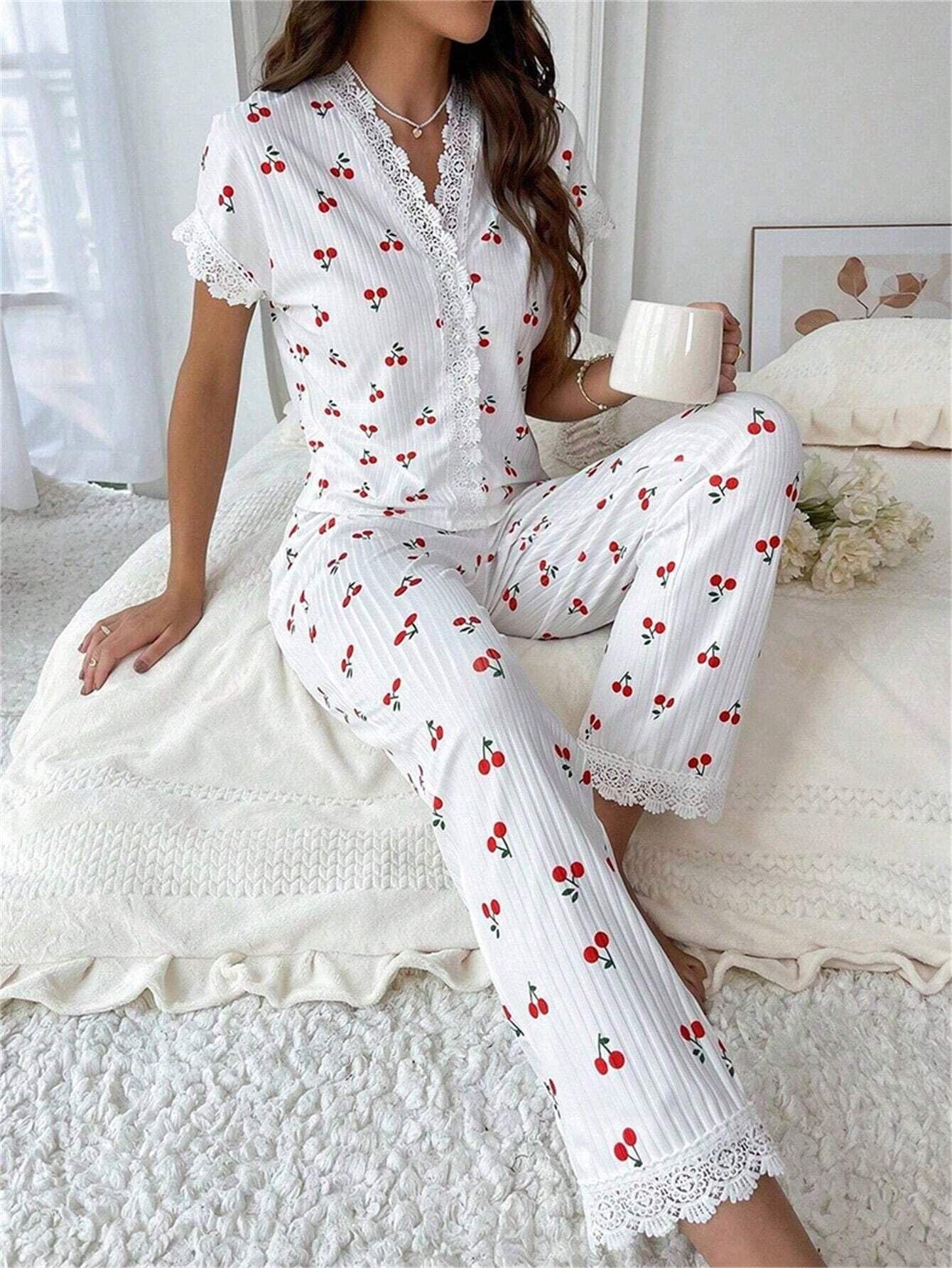 Womens Lounge Set 2026 Summer Lightweight Ribbed Lace Hem Pajamas Set with Butto