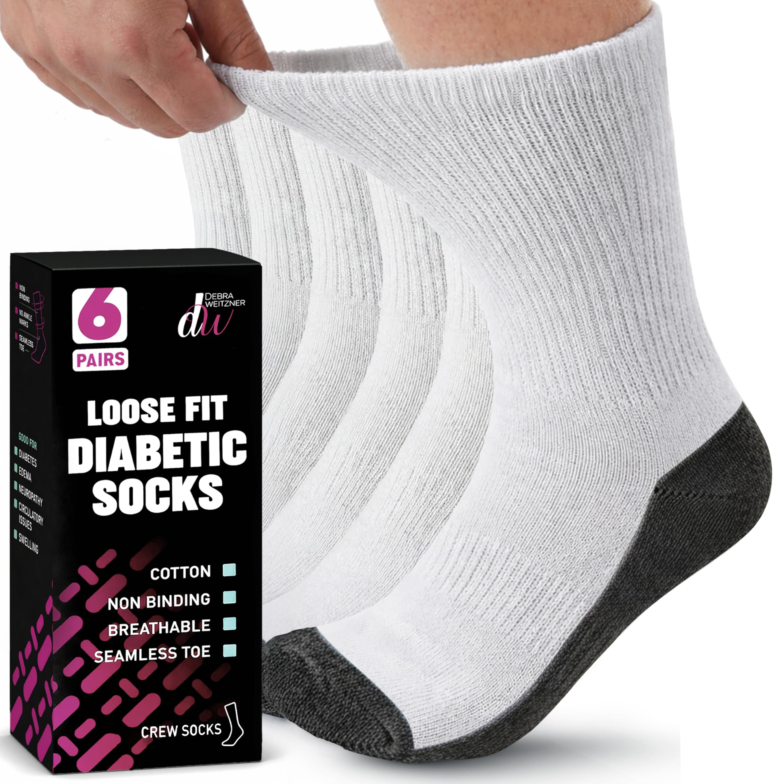 Diabetic Socks For Men and Women Loose Fit Non-Binding Cotton Crew Socks 6 Pairs