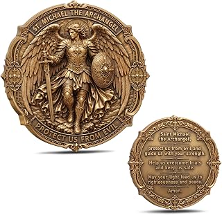 Saint Michael the Archangel Challenge Coin, Christian Prayer Keepsake | Double-sided Saint Michael design with warrior imagery and a prayer for protection, strength, righteousness, and peace.