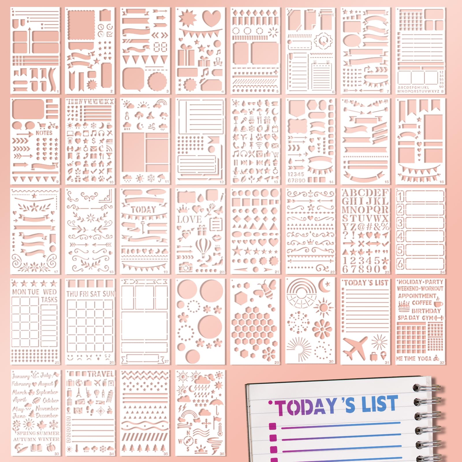 36Pcs Journal Stencils, Planner Stencils for Journaling Scrapbook Notebook | Pla