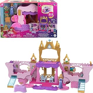 Mattel Disney Princess Carriage to Castle Transforming Playset | Posable Aurora Small Doll & 2-in-1 Playset with 4 Character Figures, Furniture & Accessories​​​, Inspired by Movies