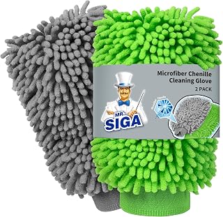 MR.SIGA Microfiber Car Wash Mitt, Chenille Wash Mitt for Car Washing | Super absorbent and scratch free, noodle gloves for lifting dirt from car, pack of 2, green & grey