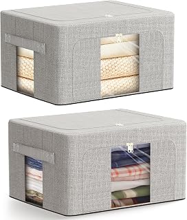 AIOR 2PCS 66L Clothes Storage Bags with Metal Frame, Foldable Fabric Storage Boxes with Clear Windows for Blankets Bedding Comforters, Ideal for Underbed and Wardrobe Organisation