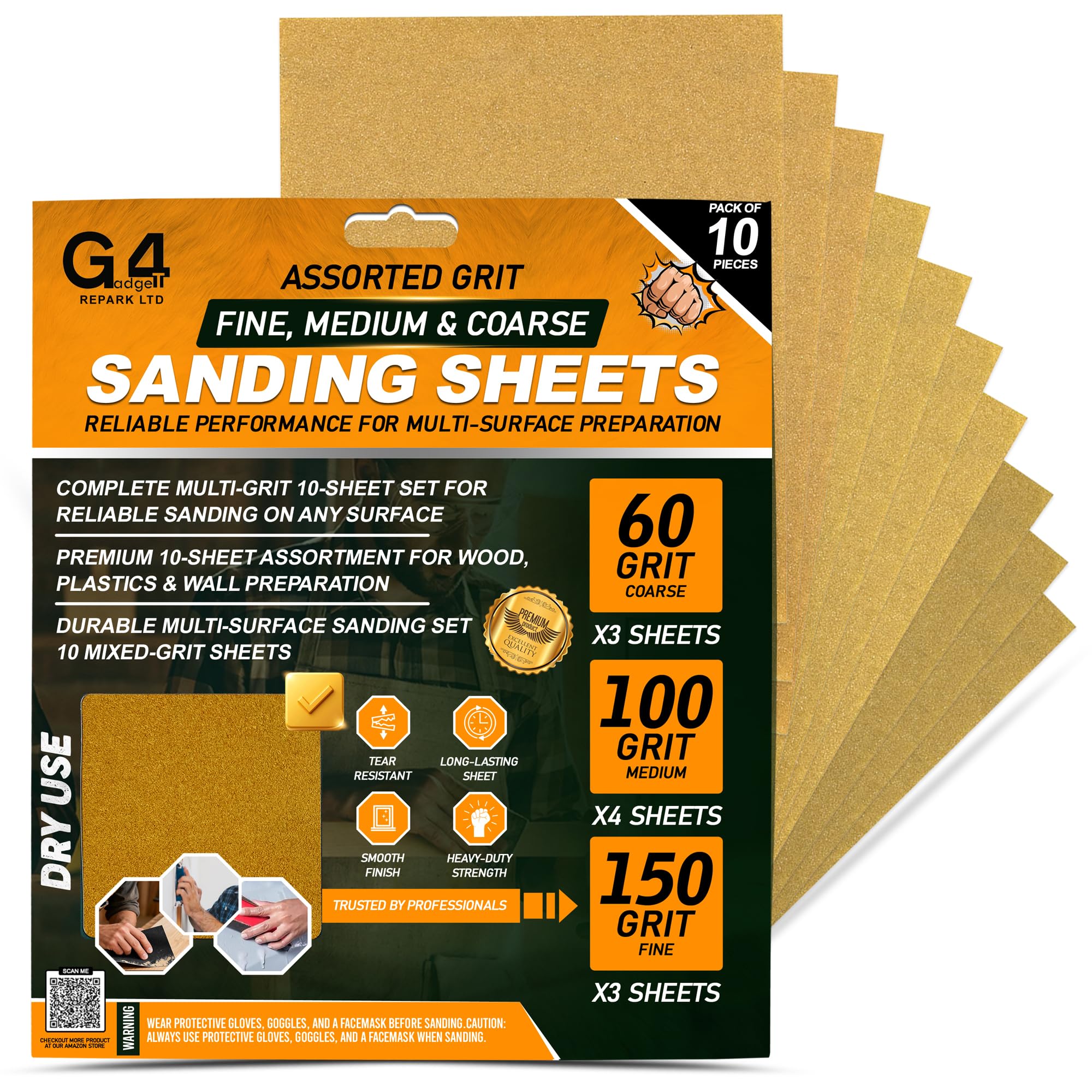 10 Assorted 3 X COARSE 4 X Medium 3 X FINE Painting Decoration Work Home GRIT Sa