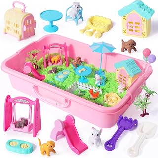 Billeeit Pet Sensory Bin Sand Toy w/2.2lbs Green Moldable Sand | Dog ＆ Cat Play Sand Kit, Including 28pcs Accessories Total, Sand Box Toys Gift for Kids 3+ Boys and Girls Indoor Creativity