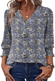 Rapbin 3/4 レングス スリーブ レディース トップス パフスリーブ Vネック ブラウス ドレッシー カジュアル Tシャツ ルーズ フィット チュニック レギンス