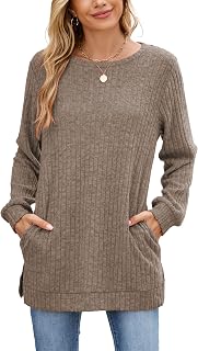 Famulily Women's Long Sleeve Elegant Crew Neck Ribbed Jumper with Loose Side Slits with Pockets