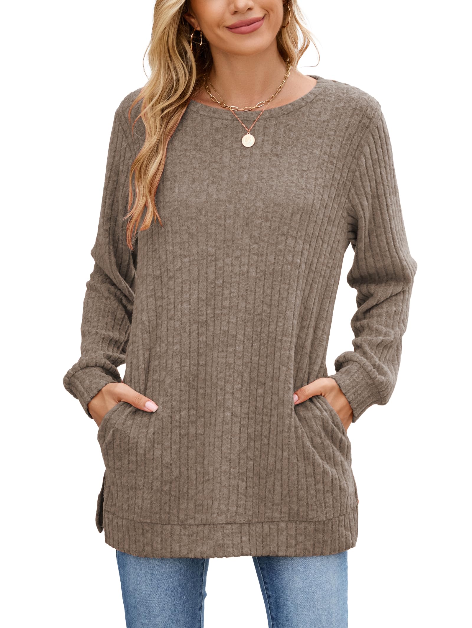Famulily Women's Long Sleeve Elegant Crew Neck Ribbed Jumper with Loose Side Sli