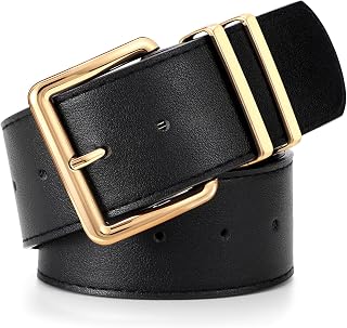 LEACOOLKEY Women Wide Leather Belt for Dresses Thick Chunky Belt with Big Gold Buckle Fashion Ladies Belt for Jeans