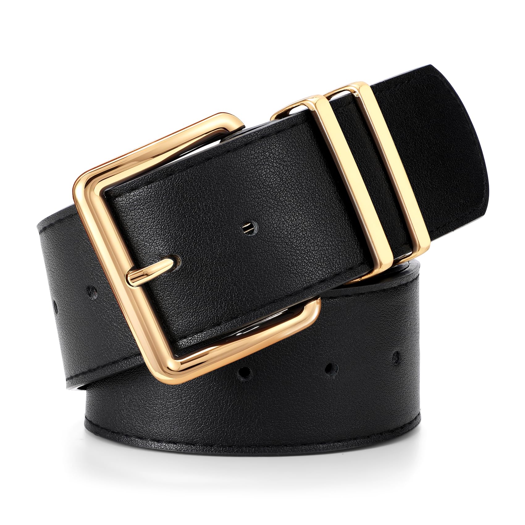 LEACOOLKEY Women Wide Leather Belt for Dresses Thick Chunky Belt with Big Gold B