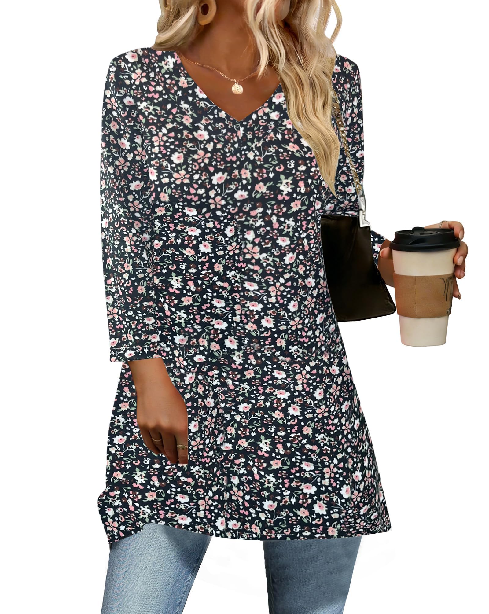JomeDesign Top da donna con maniche a 3/4, estive, scollo a V, casual, tunica to