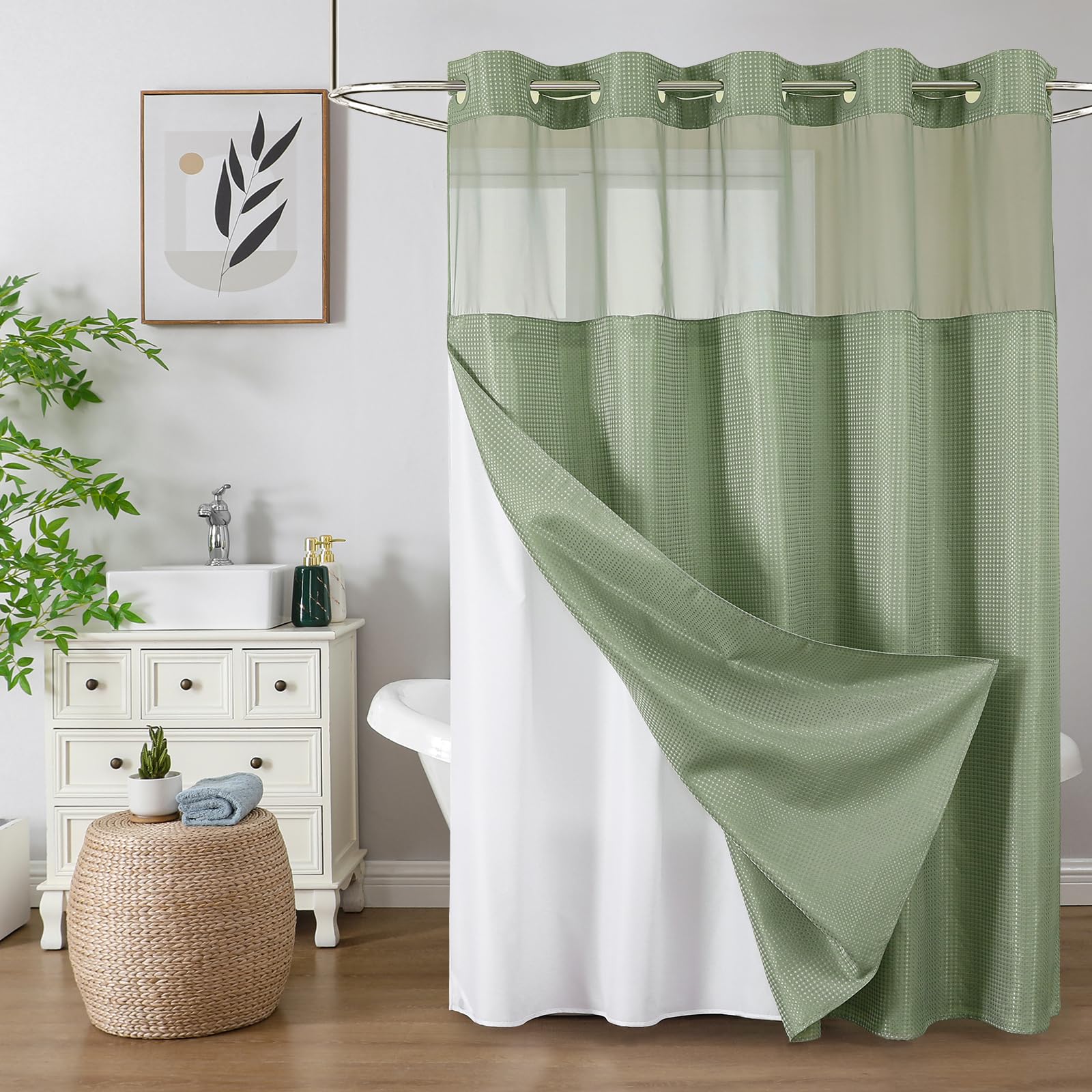 Colorful Star Sage Green No Hook Waffle Shower Curtain Set, 72 x 75 Inch | Water