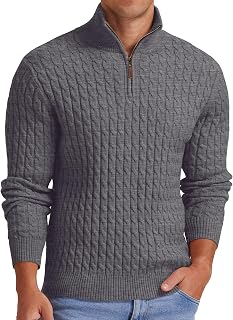 Askdeer Men's Quarter Zip Pullover Sweater Cable Knit Mock Neck Polo Sweater Classic Casual Sweater with Ribbing Edge