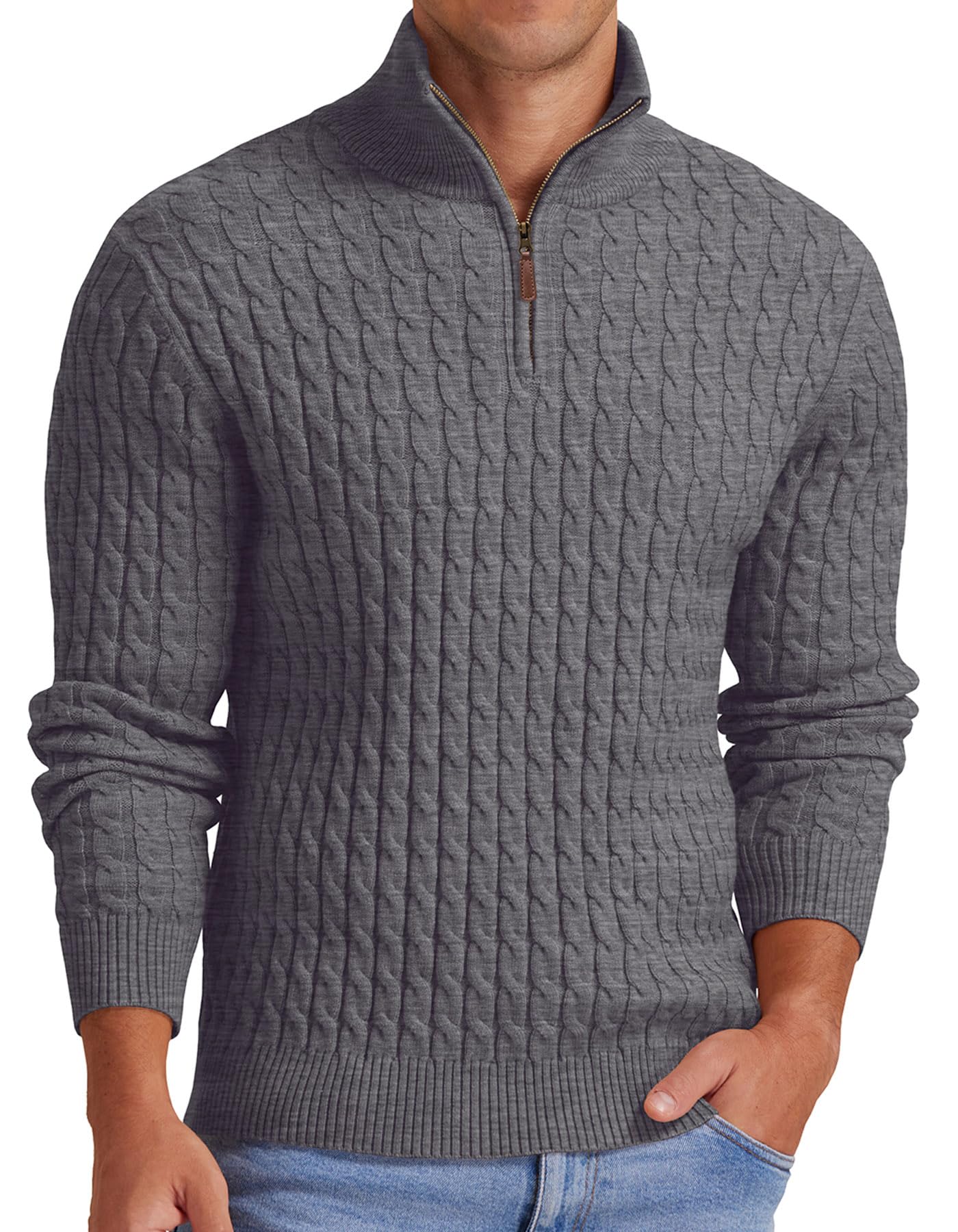 Askdeer Men's Quarter Zip Pullover Sweater Cable Knit Mock Neck Polo Sweater Cla