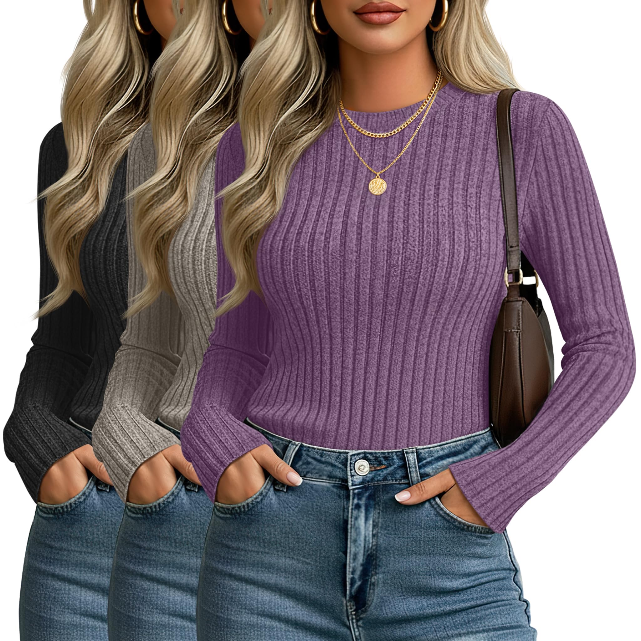 3 Pack Women's Fitted Sweaters Long Sleeve Tops