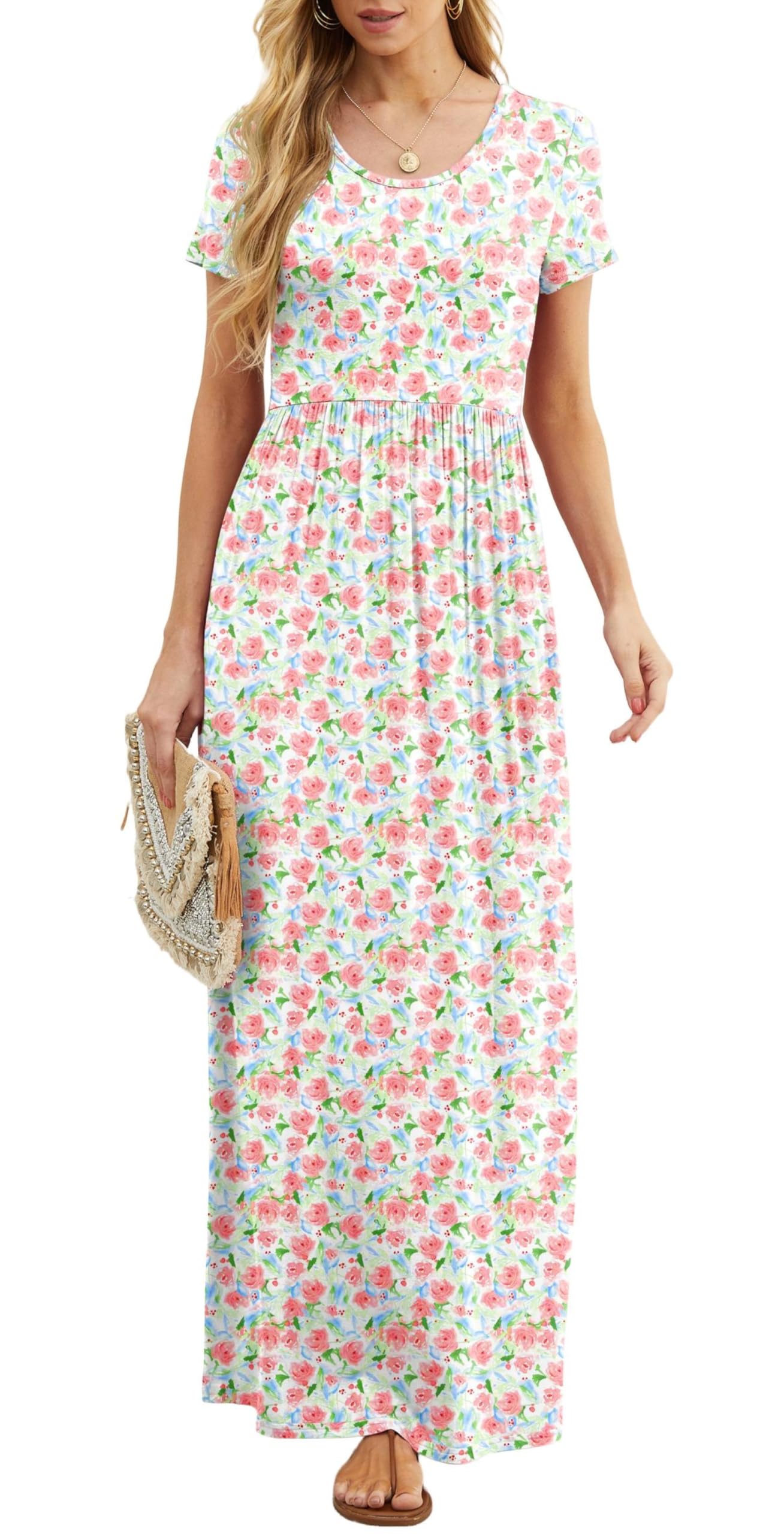 GRECERELLE Women's Maxi Dress Ladies' Summer Casual Short Sleeve Long Dresses wi