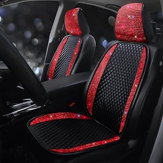 PU Leather Car Seat Cover Bling Rhinestones Front Seat Protector for Girls Women or Ladies Sparkling Auto Crysta Seat Protection Mat Universal Fit Diamond Auto Interior Accessories Red 2Seats