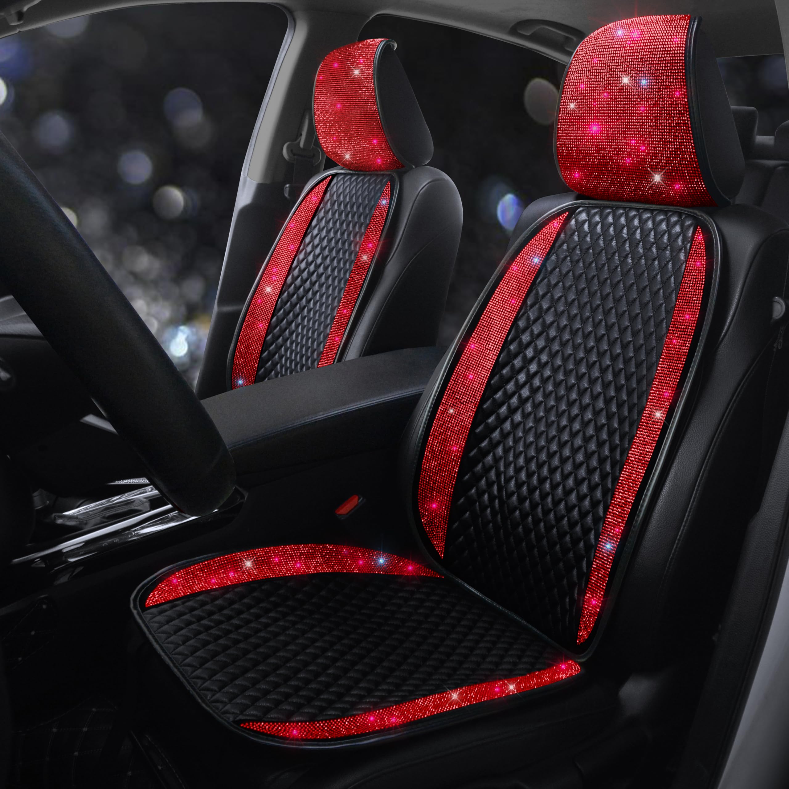 PU Leather Car Seat Cover Bling Rhinestones Front Seat Protector for Girls Women