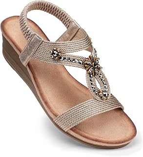 SHIBEVER Women Bohemia Elastic Ankle Strap Sandals Open Toe Flower Rhinestone Summer Platform Sandals