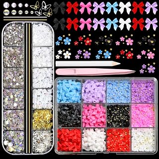 BELICEY 3D Nail Charms Mix Color Bow Charms for Nails Colorful Acrylic Tiny Blossom Flower Nail Art Charms Flatback Pearls AB Crystal Rhinestones Gems for Women DIY Nail Art Design Manicure Crafts