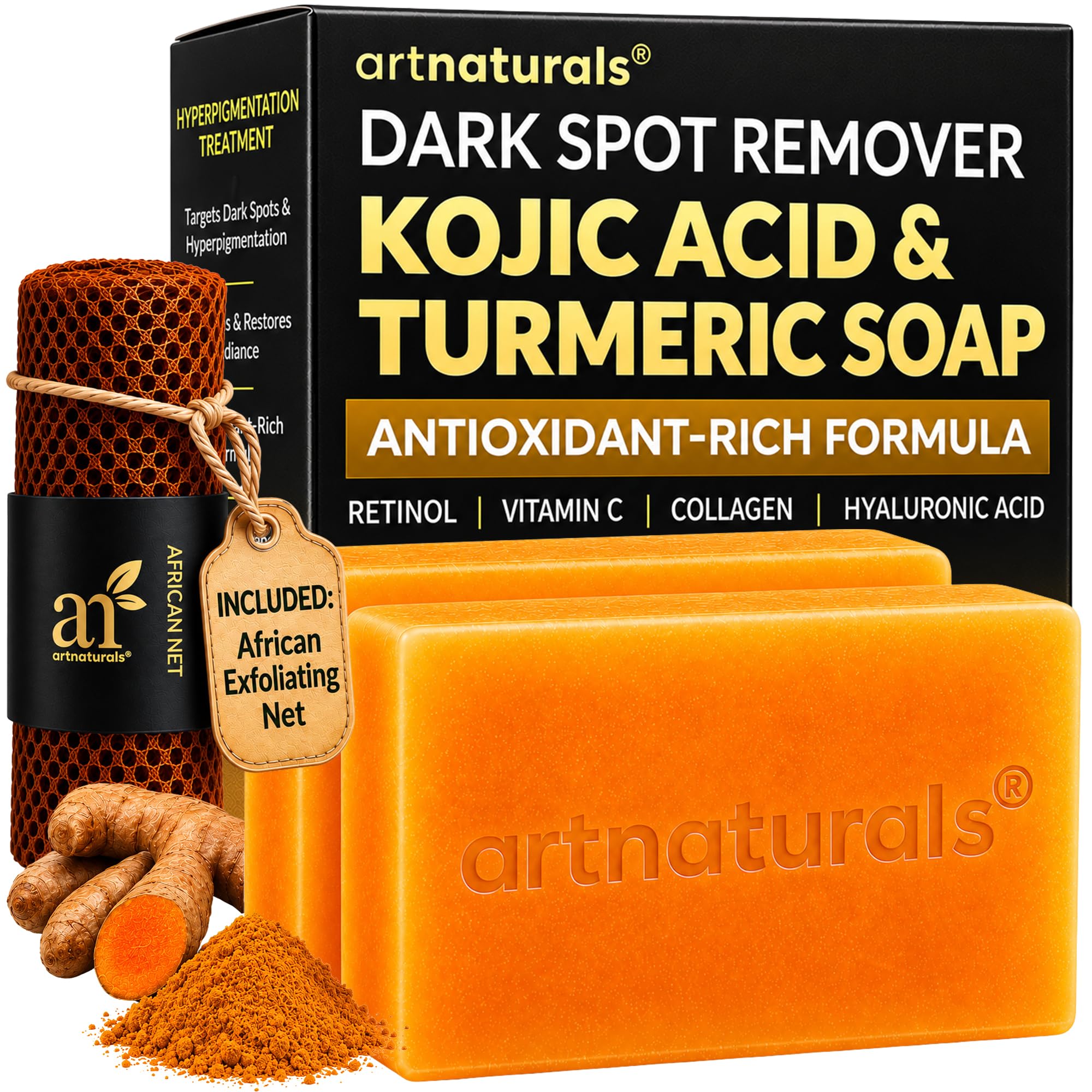 ArtNaturals Kojic Acid Soap with African Net Sponge, 2 Pack | Turmeric-Enriched 